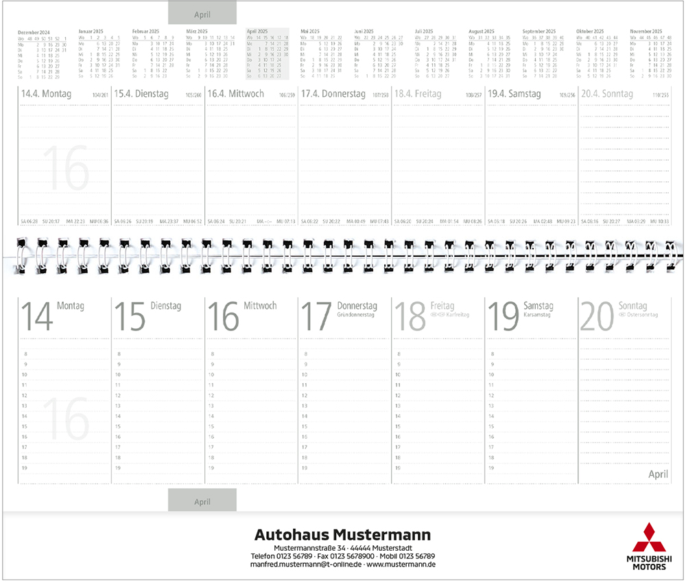 Tischquerkalender
Markenlogo
Mitsubishi Motors mit individuellem Eindruck