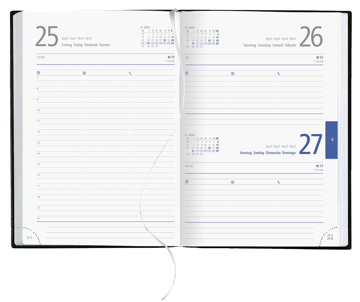 Tagesbuchkalender Columbia
Balacron schwarz
1 Woche / 6 Seiten
8-sprachig GB-DE-FR-ES-IT-NL-PL-RU grau/blau
