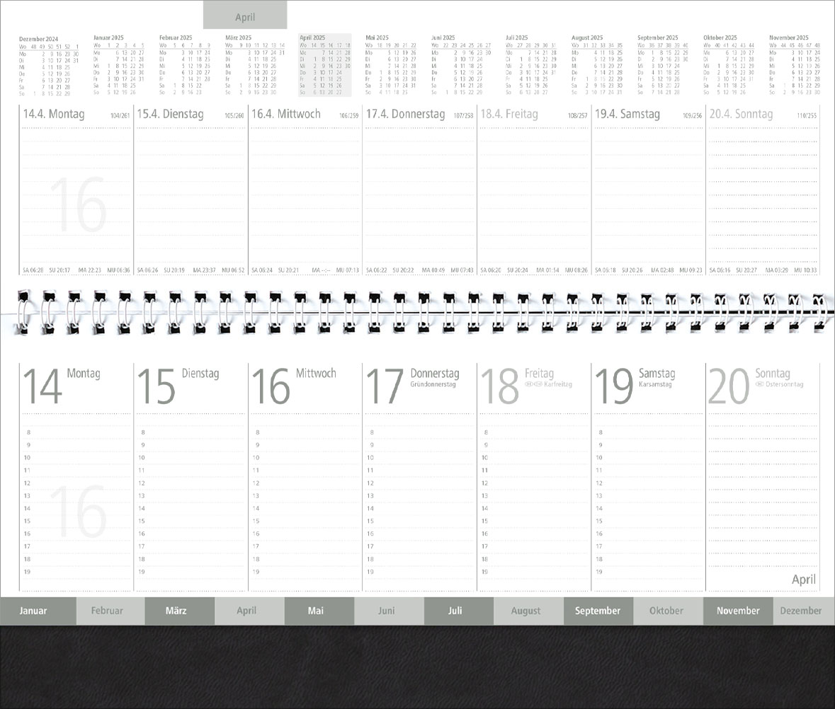 Tischquerkalender Amrum
Soft-Touch schwarz
1 Woche / 2 Seiten
Deutsch grau
mit Register