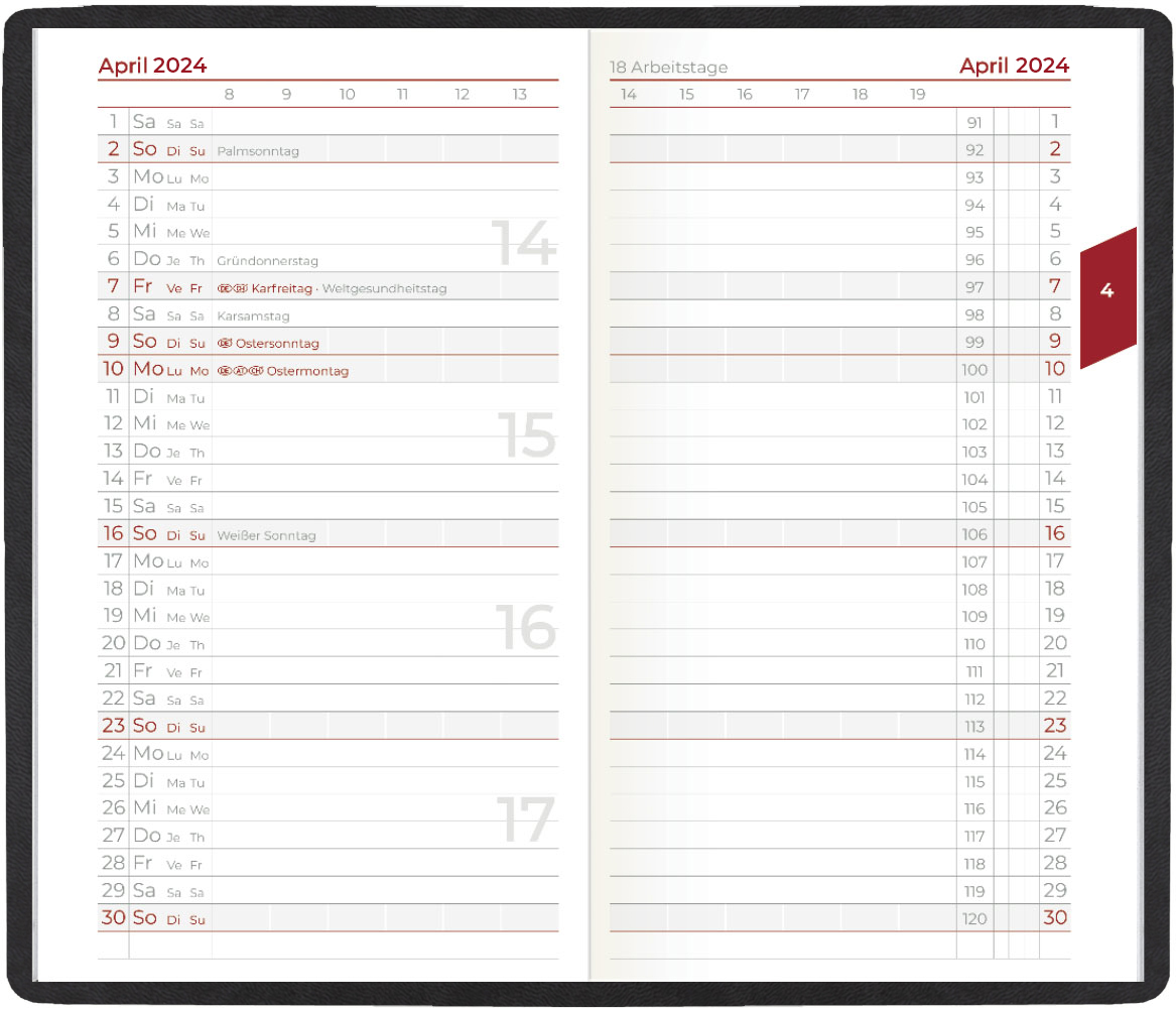 Taschenplaner Tiber geheftet
Soft-Touch schwarz
1 Monat / 2 Seiten
Deutsch mit Nebensprachen GB-FR grau/rot