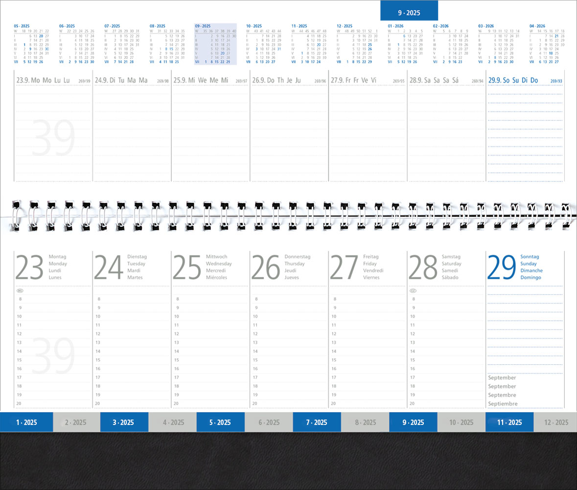 Tischquerkalender Teneriffa
Soft-Touch schwarz
1 Woche / 2 Seiten
4-spr. DE-GB-FR-ES grau/blau
mit Register